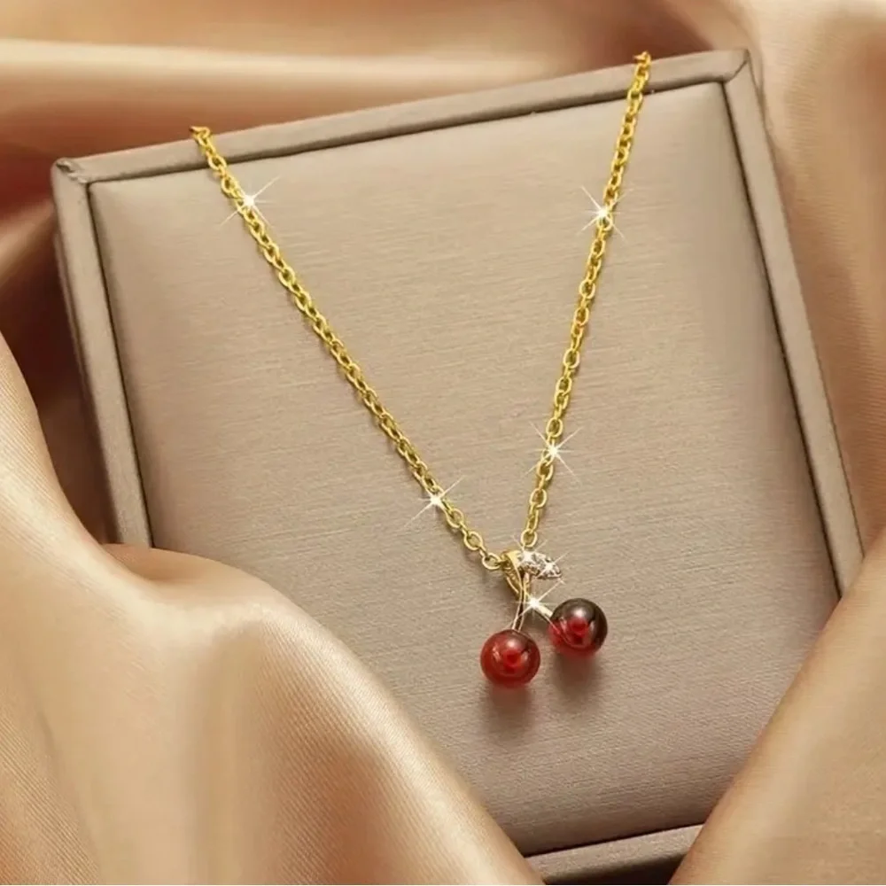A set of Cherry Pendant Necklace and earrings, tiny and cute for little girls